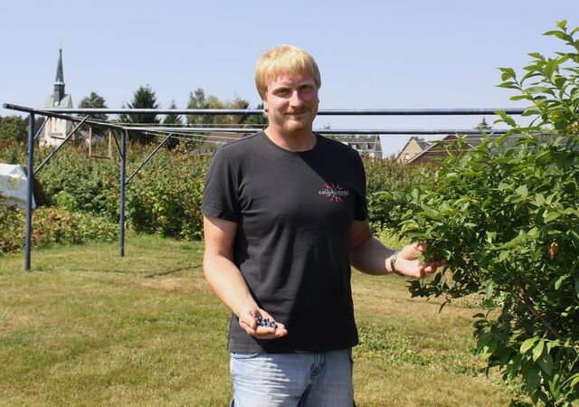 Stephan Boden bei der Ernte der Früchte im heimischen Garten